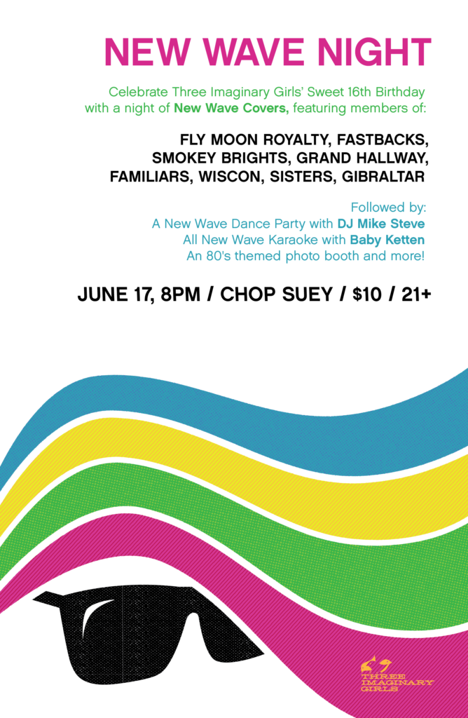 New Wave Night - 2018! Three Imaginary Girls' party celebrating 16 years as Seattle's indie-pop press. Join us June 17, 2018 at Chop Suey!!!
