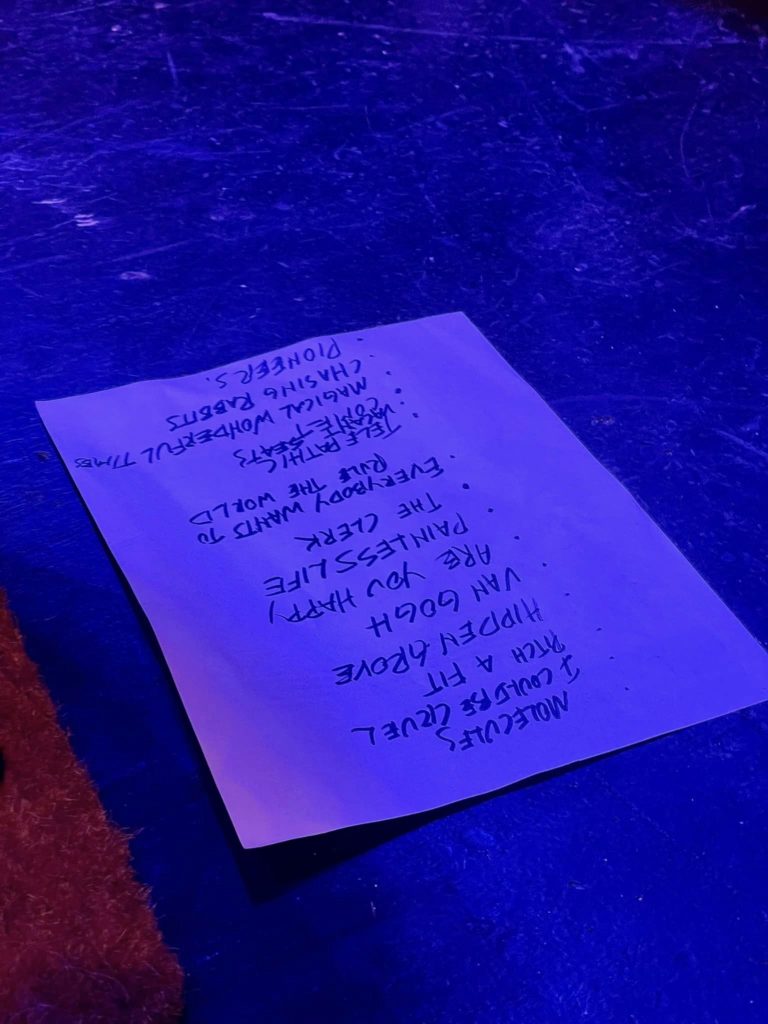The Slender Means' set list for the night {Photo: Dana Bos} - at The Tractor Tavern at the TIG 20th Anniversary Show