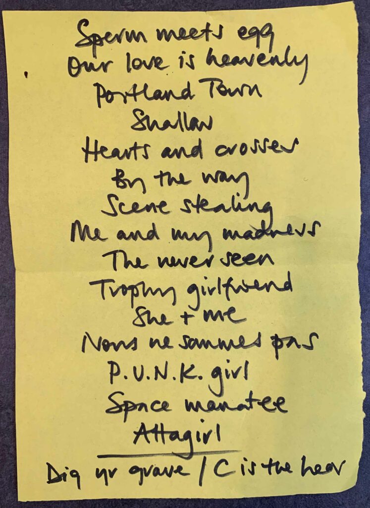 The set list for Heavenly at the Tractor Tavern. Photo by imaginary liz