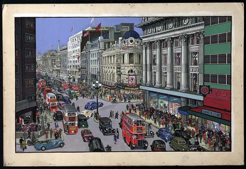 "A West-end London street scene" by Grace Golden, 1945.